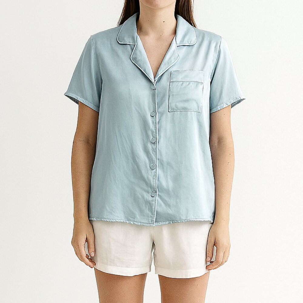 Blue PJ top with White Piping Short Sleeve Top Size Medium